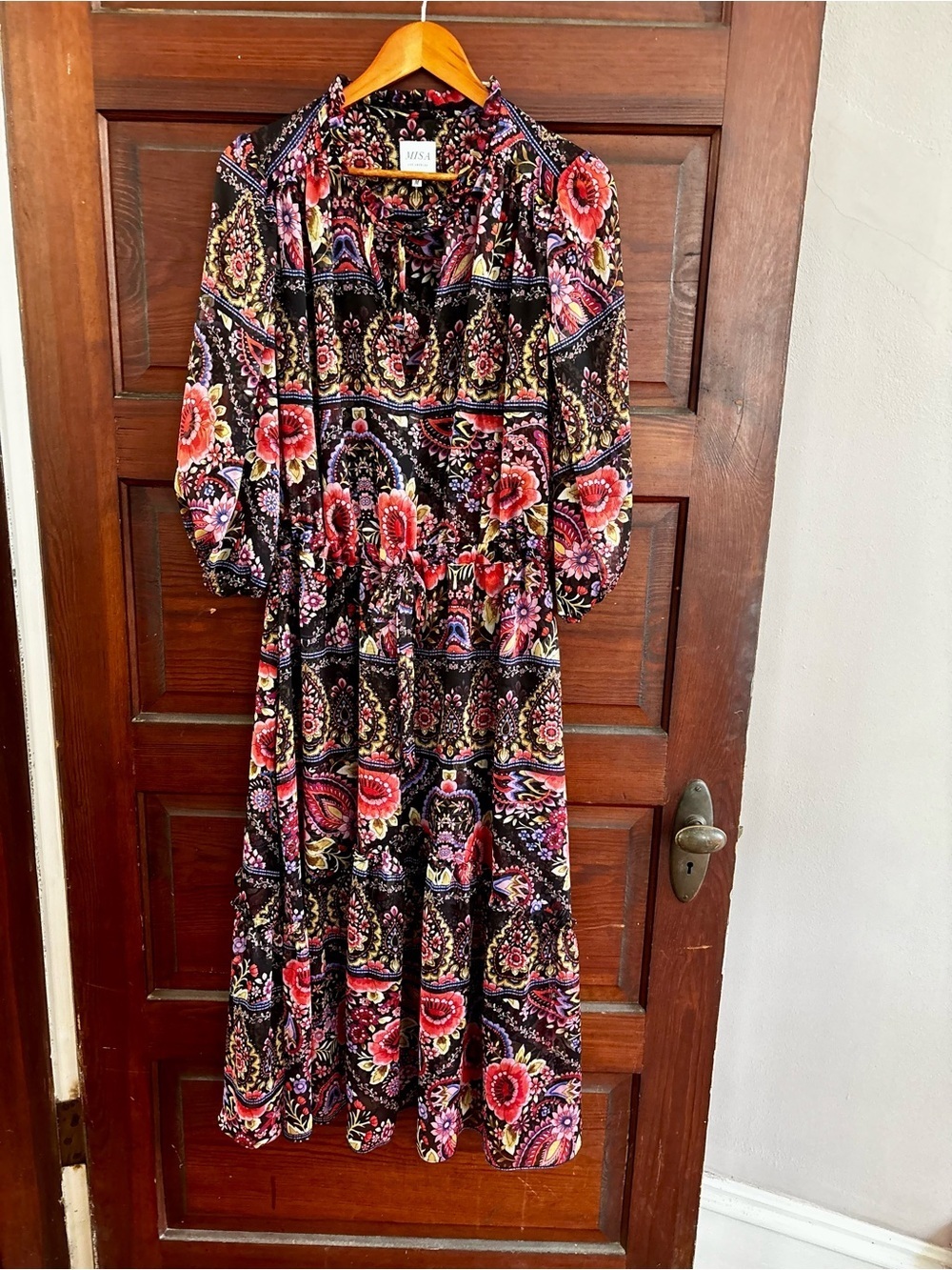 Misa Los Angeles Black Paisley Floral Midi Dress with Pink Accents - Picture 6 of 9